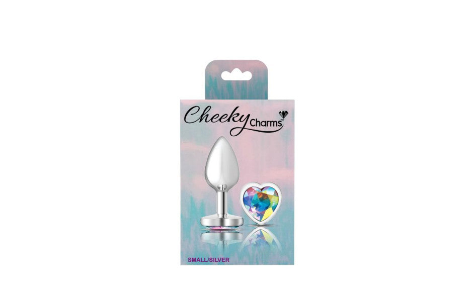 Cheeky Charms Silver Metal Butt Plug w Heart Clear Jewel Small
