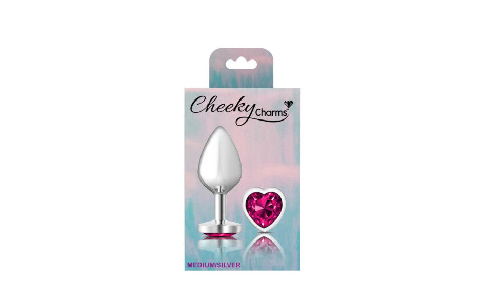 Cheeky Charms Silver Metal Butt Plug w Heart Pink Jewel Medium