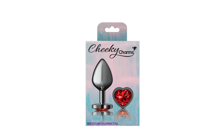 Cheeky Charms Gunmetal Butt Plug w Heart Red Jewel Medium