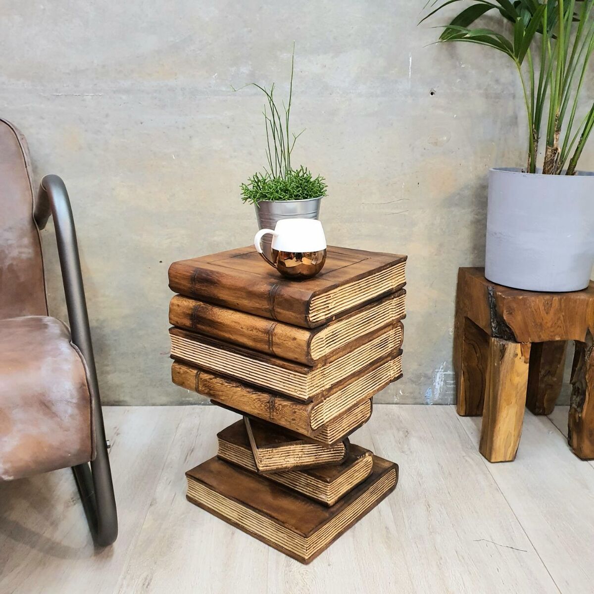 Artisan Timber Book Stack Side Table with Storage | Hardwood Bedside Table Natural Burned