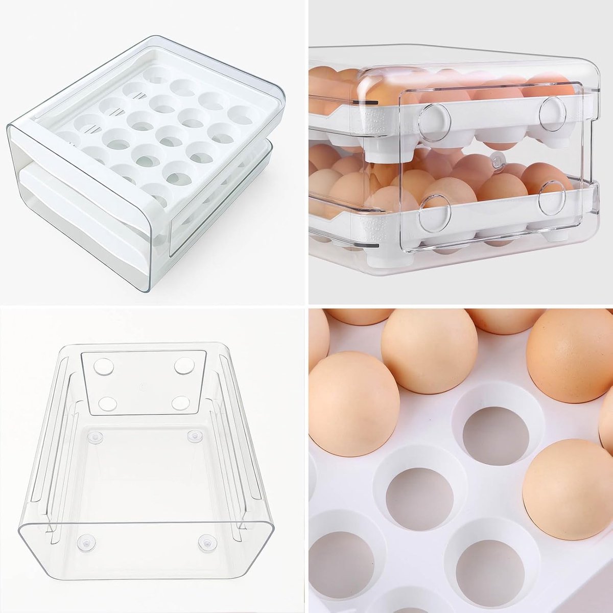 Stackable Egg Storage Box 40-Egg Capacity - Double-Layer Transparent Plastic White