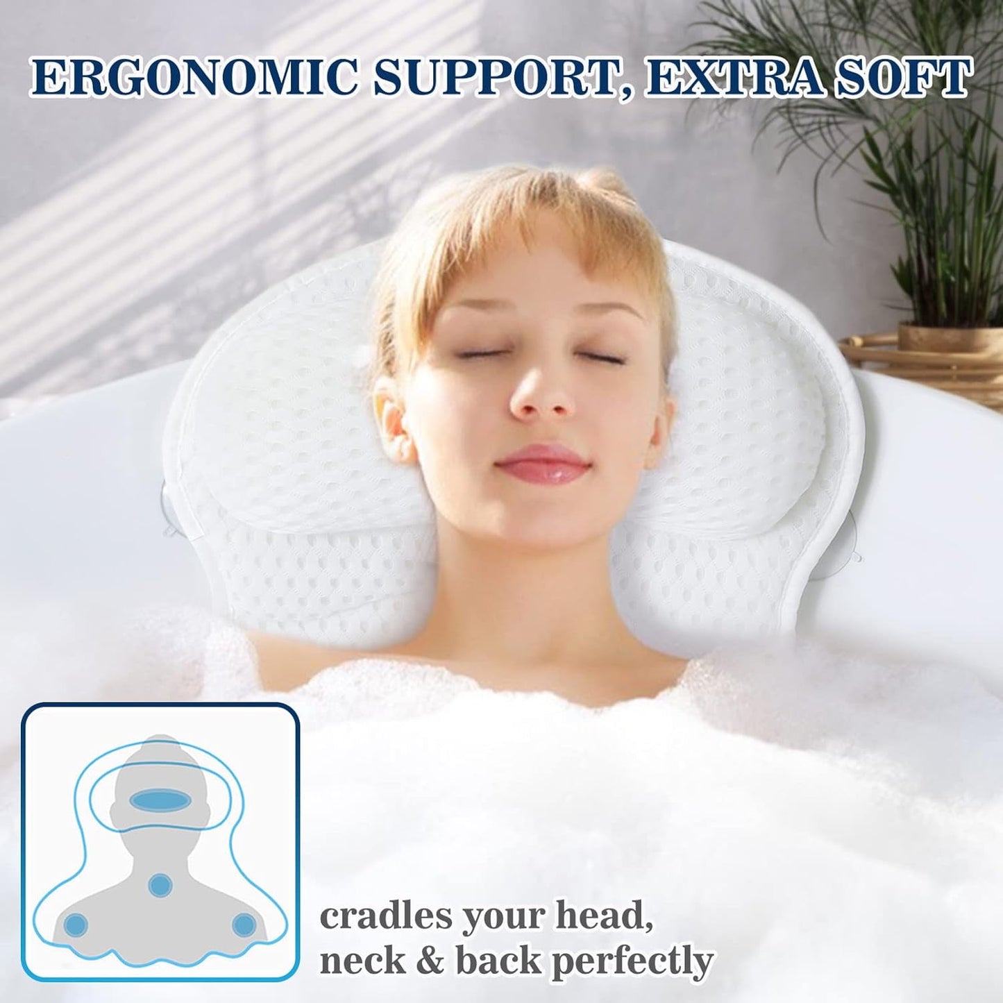 Bath Pillow with 4D Mesh & Non-Slip Suction Cups - Neck & Back Support for Tub