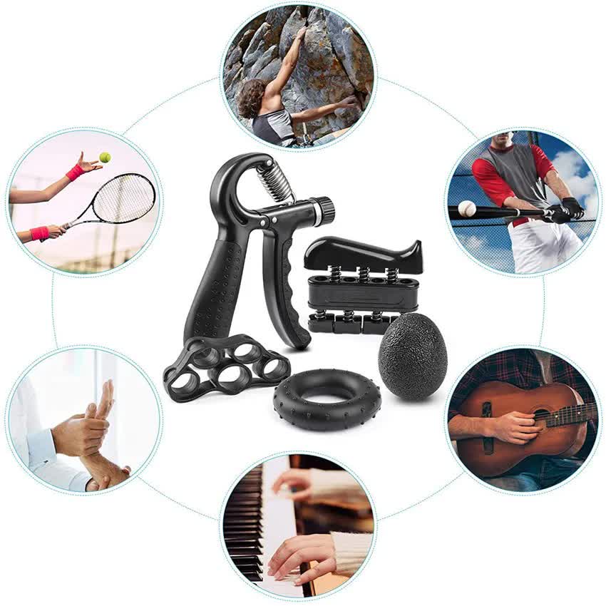 Black Hand Grip Strength Training Set 5-Piece - Adjustable Grip Exerciser & Rings