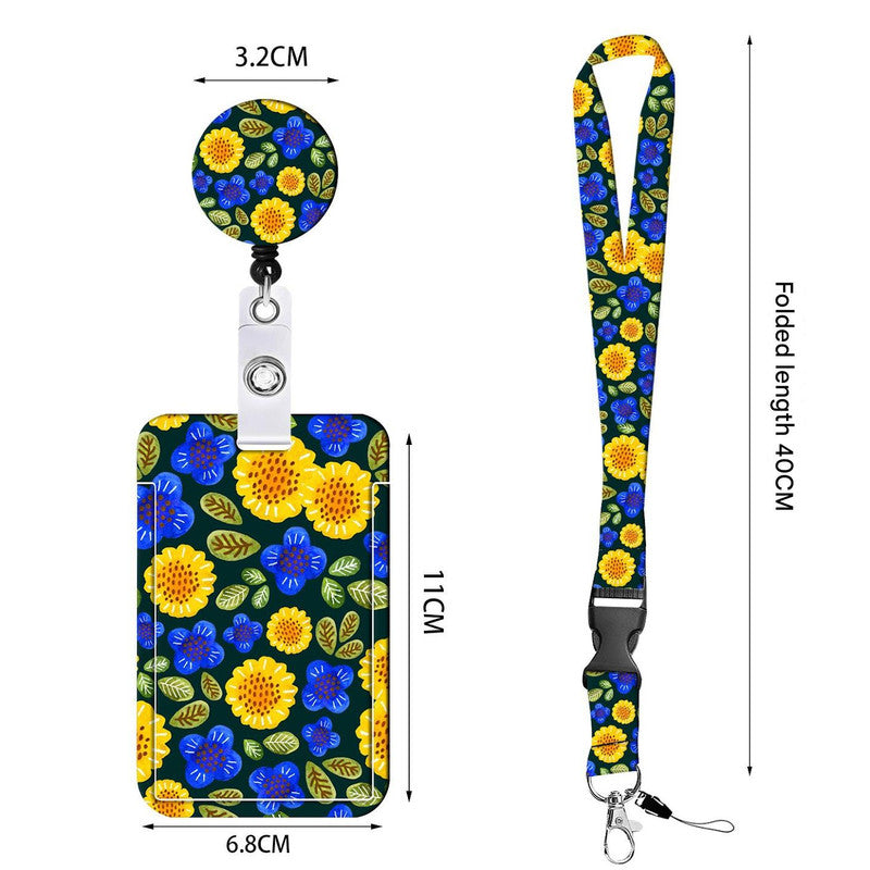 2-pcs Retractable ID Badge Reel Lanyard Set with Vertical Hard Plastic Card Holder - Blue flowers and plants (Style 4)