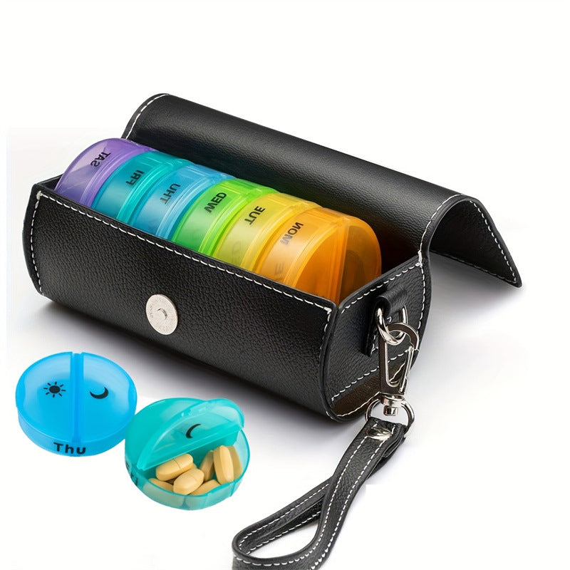 7-Day Travel Pill Organizer - Brown PU Leather Pouch 14 Compartments AM/PM