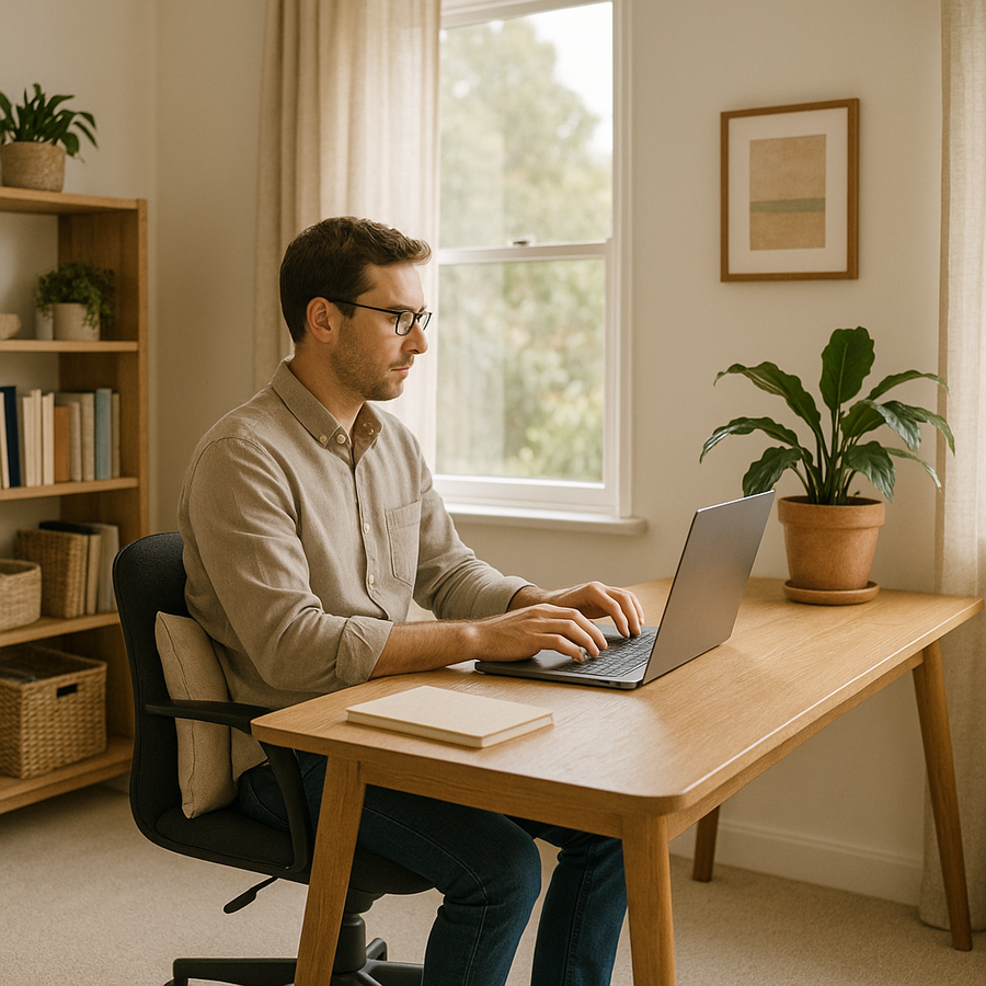 Remote worker sitting comfortably at an ergonomic home office desk with lumbar support