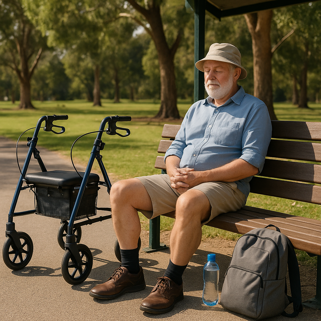 Older adult resting beside a mobility aid on a paved outdoor path with seating and a water bottle