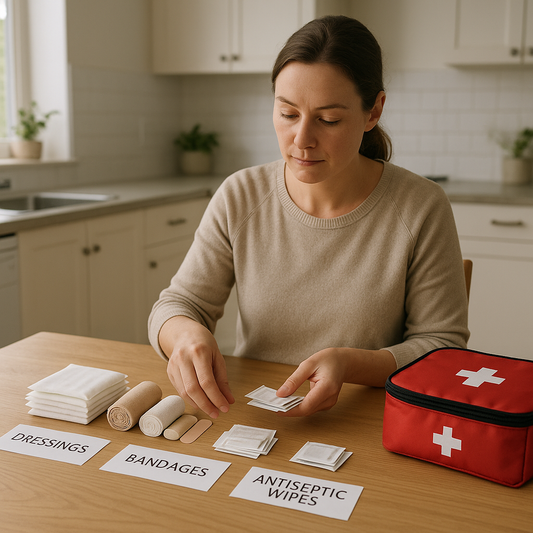 Parent organising everyday first aid supplies for a home first aid kit