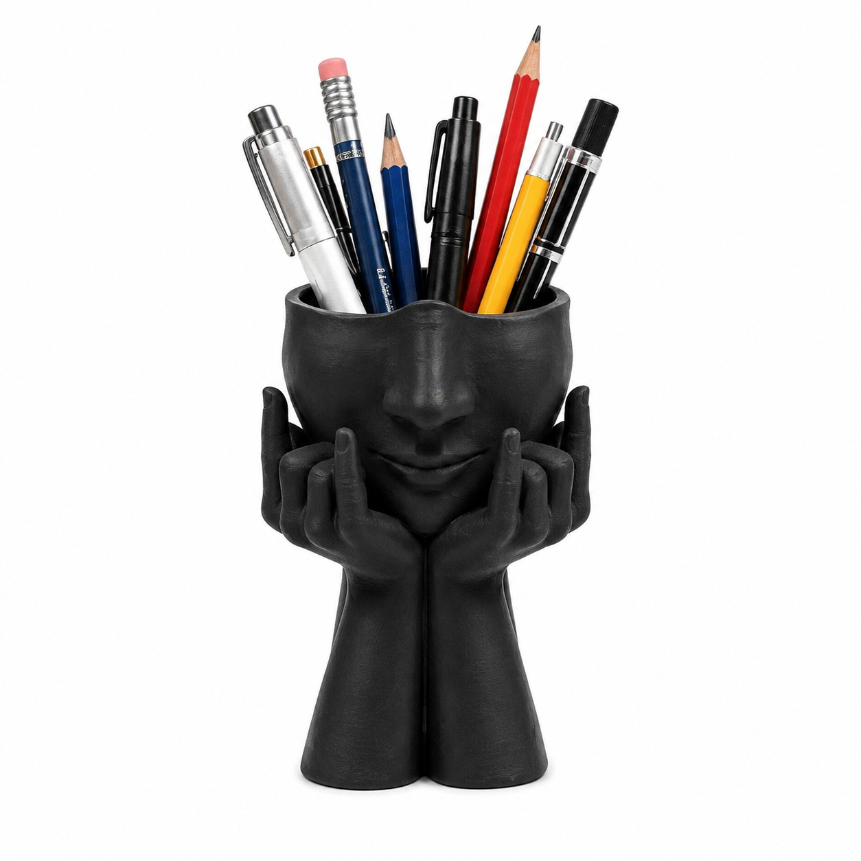 3D-printed rock face vase or office organizer, black.