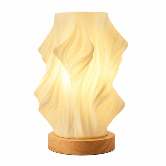Unique Pleated Design Table Lamp - 3D Printed Washable Shade, Wooden Base, Adjustable LED (Flowers)