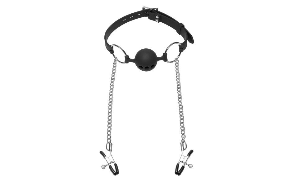 Hinder Breathable Silicone Ball Gag With Nipple Clamps