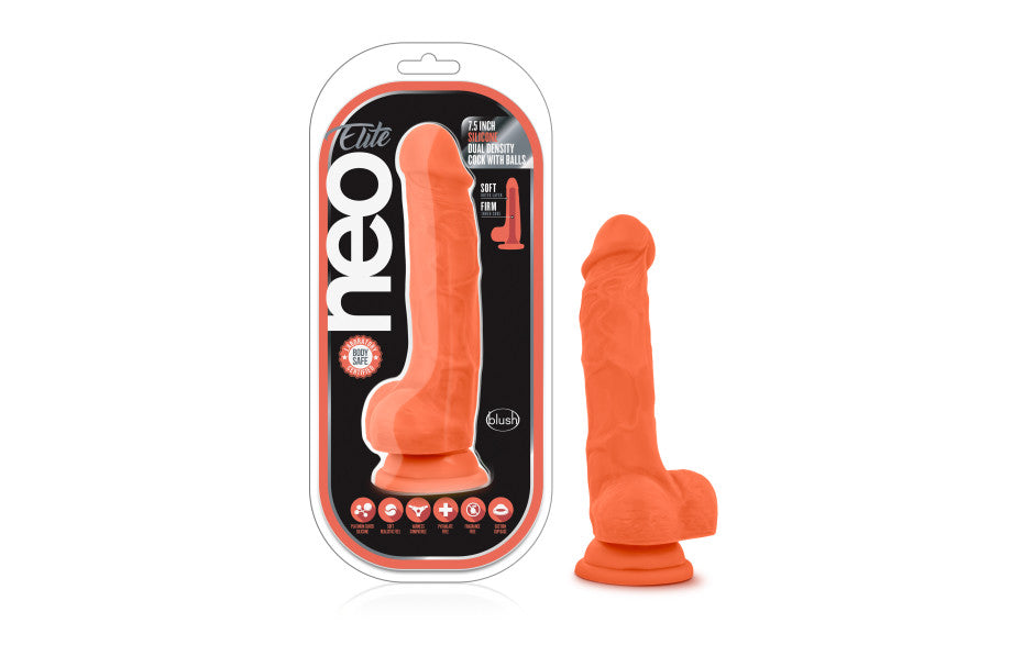 Neo Elite 7.5in Silicone Dual Density Cock with Balls Neon Orange