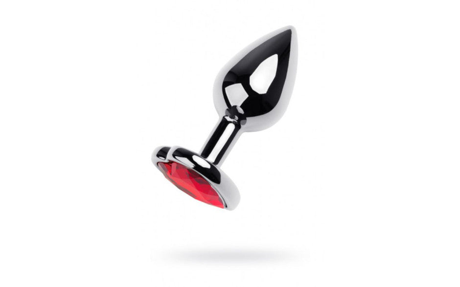 Silver Metal Anal Plug w Red Ruby Heart Gem Small