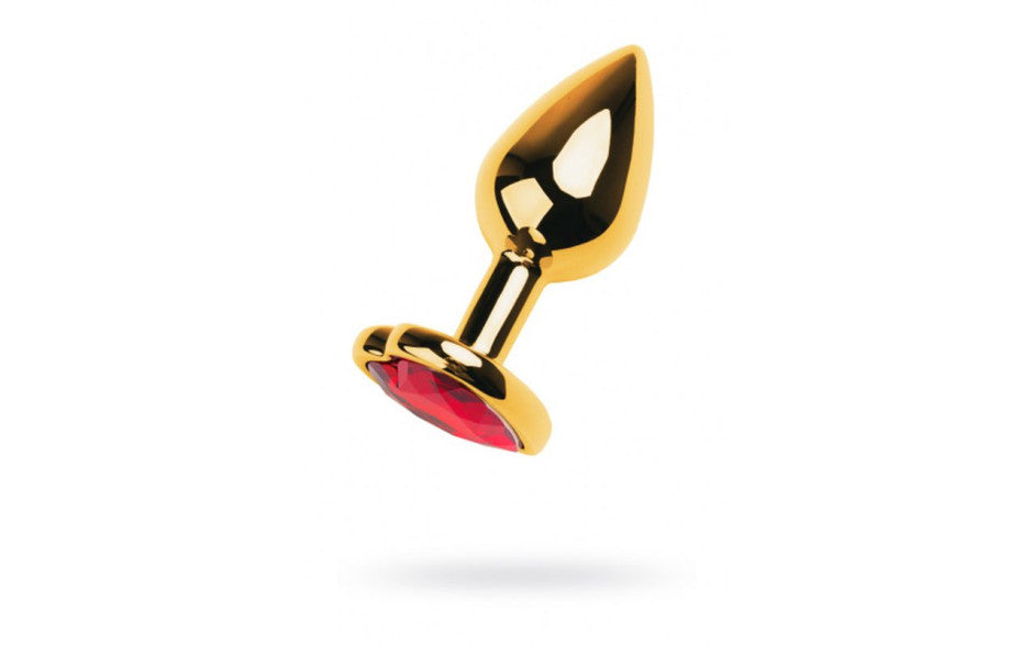 Gold Metal Anal Plug w Red Ruby Heart Crystal Small