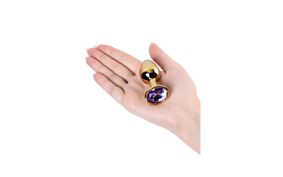Gold Metal Anal Plug w Amethyst Crystal Small
