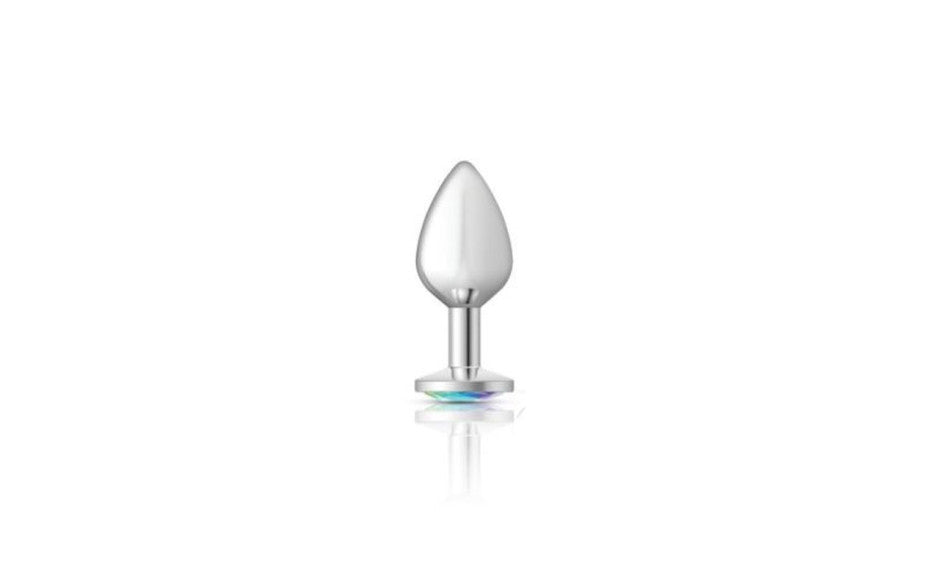 Cheeky Charms Silver Round Butt Plug w Clear Iridescent Jewel Medium