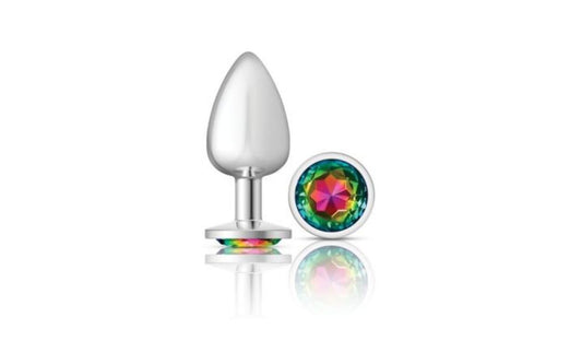 Cheeky Charms Silver Round Butt Plug w Rainbow Jewel Large