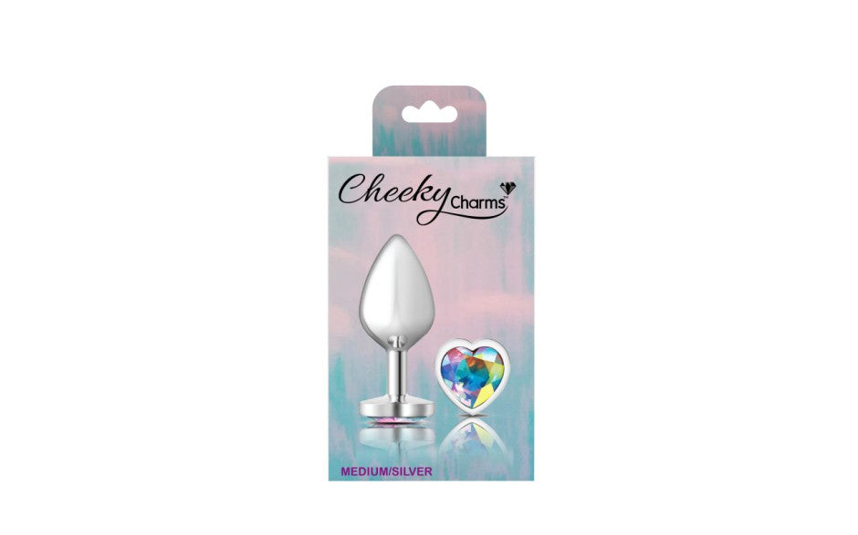 Cheeky Charms Silver Metal  Butt Plug w Heart Clear Jewel Medium
