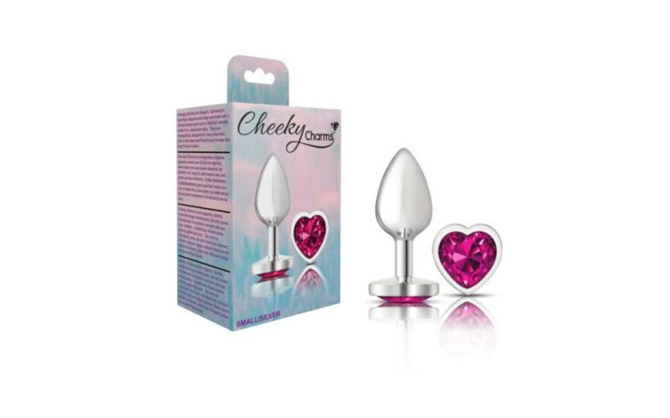 Cheeky Charms Silver Metal  Butt Plug w Heart Pink Jewel Small