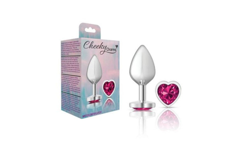 Cheeky Charms Silver Metal  Butt Plug w Heart Pink Jewel Medium