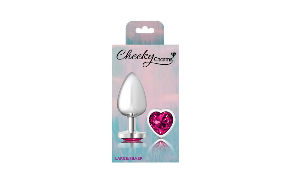 Cheeky Charms Silver Metal  Butt Plug w Heart Pink Jewel Large