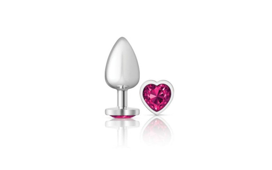 Cheeky Charms Silver Metal  Butt Plug w Heart Pink Jewel Large