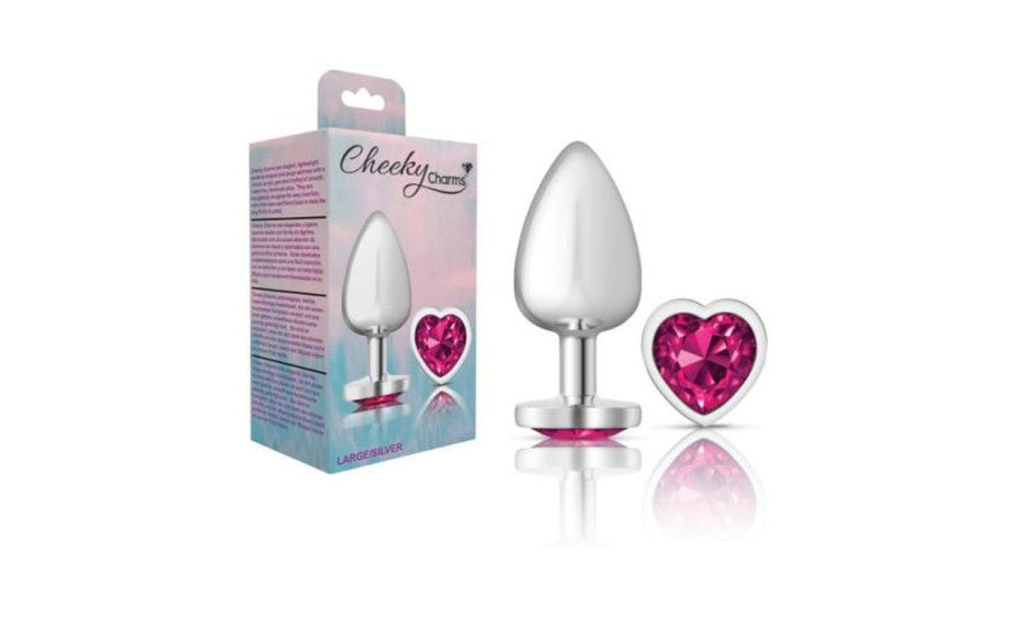 Cheeky Charms Silver Metal  Butt Plug w Heart Pink Jewel Large