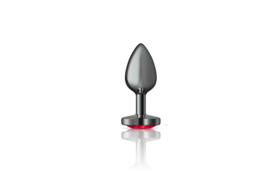 Cheeky Charms Gunmetal  Butt Plug w Heart Red Jewel Small