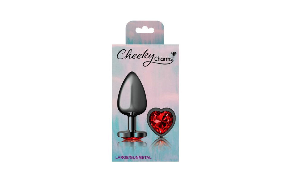 Cheeky Charms Gunmetal  Butt Plug w Heart Red Jewel Large