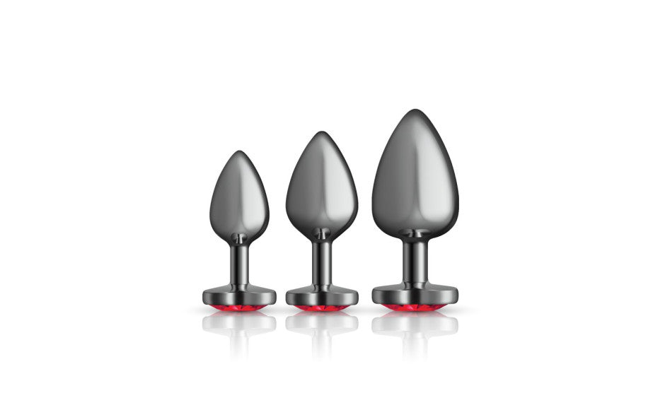 Cheeky Charms Round Metal Butt Plug Gunmetal 3 Pc Kit w Dark Red Heart Jewel