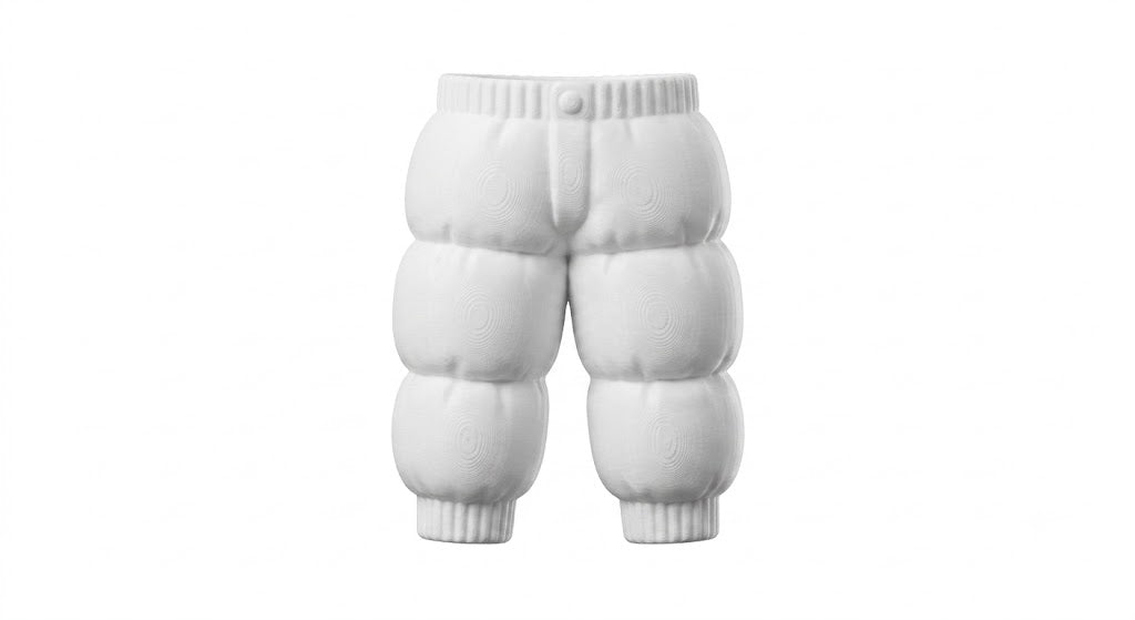 A unique 3D printed down-filled pants pen holder desktop organizer, white.
