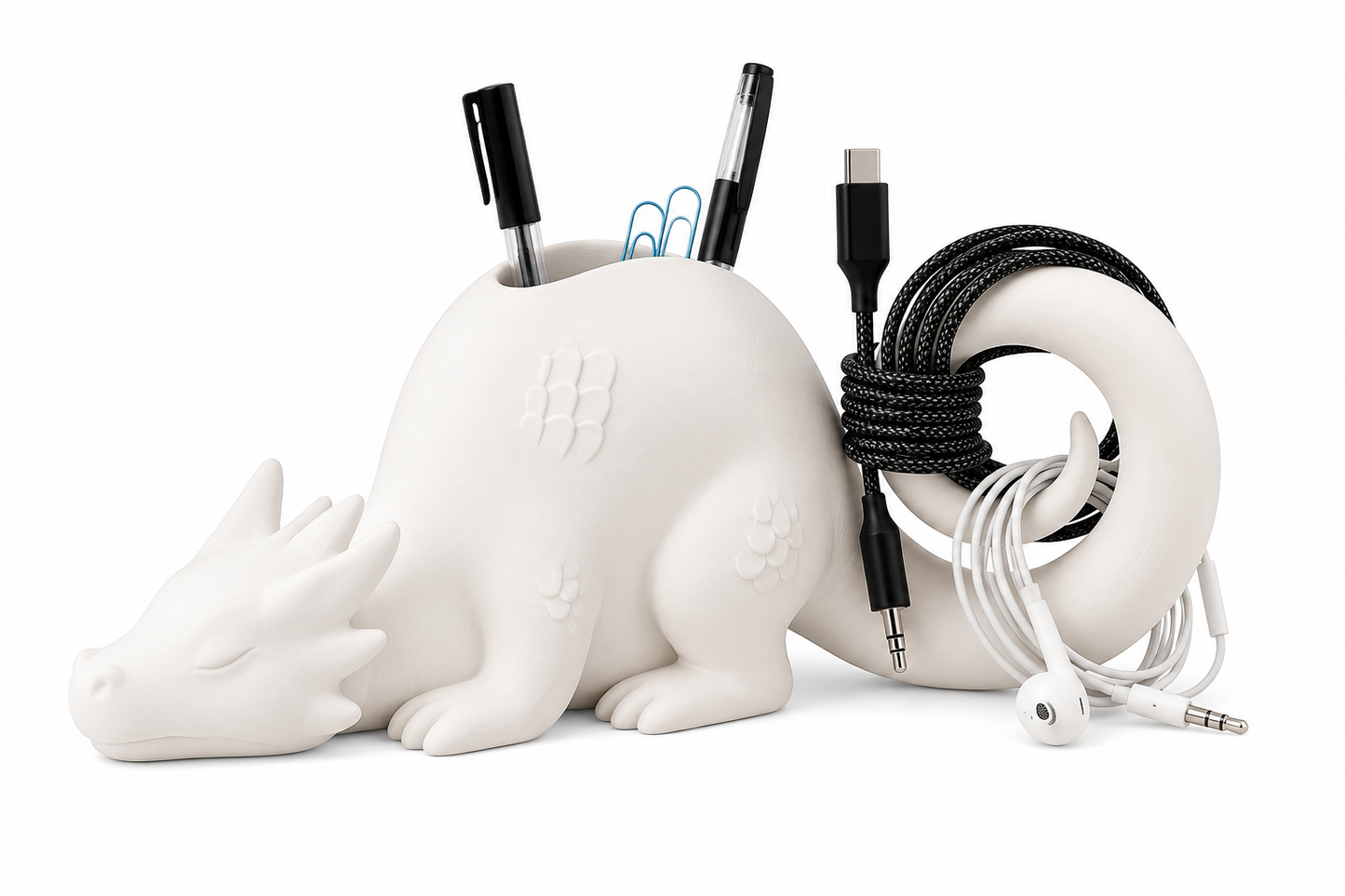 A 3D-printed dragon-shaped desktop organizer adds a touch of fantasy and order to your workspace. (White)
