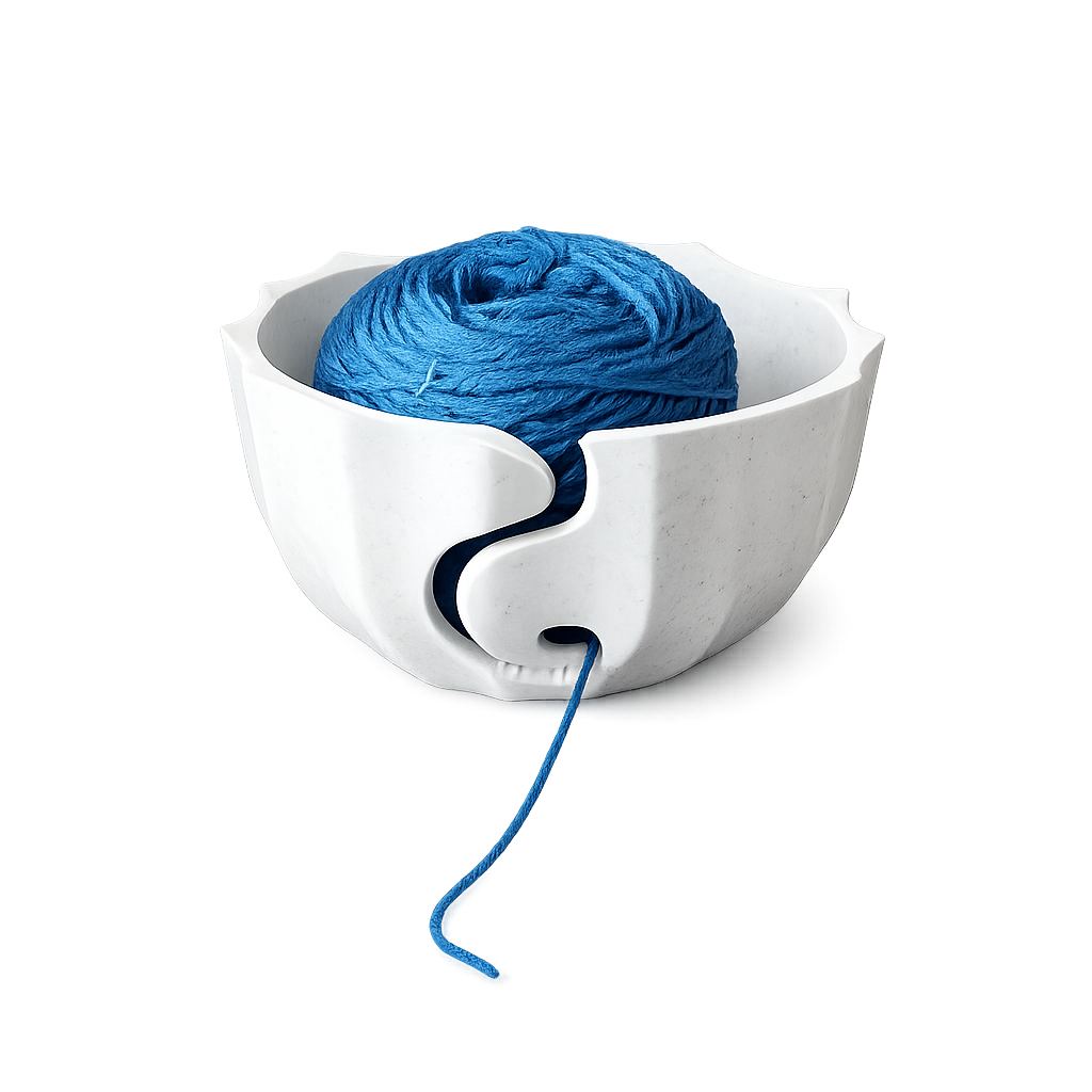A 3D-printed yarn bowl to accompany your knitting and crochet time. White.