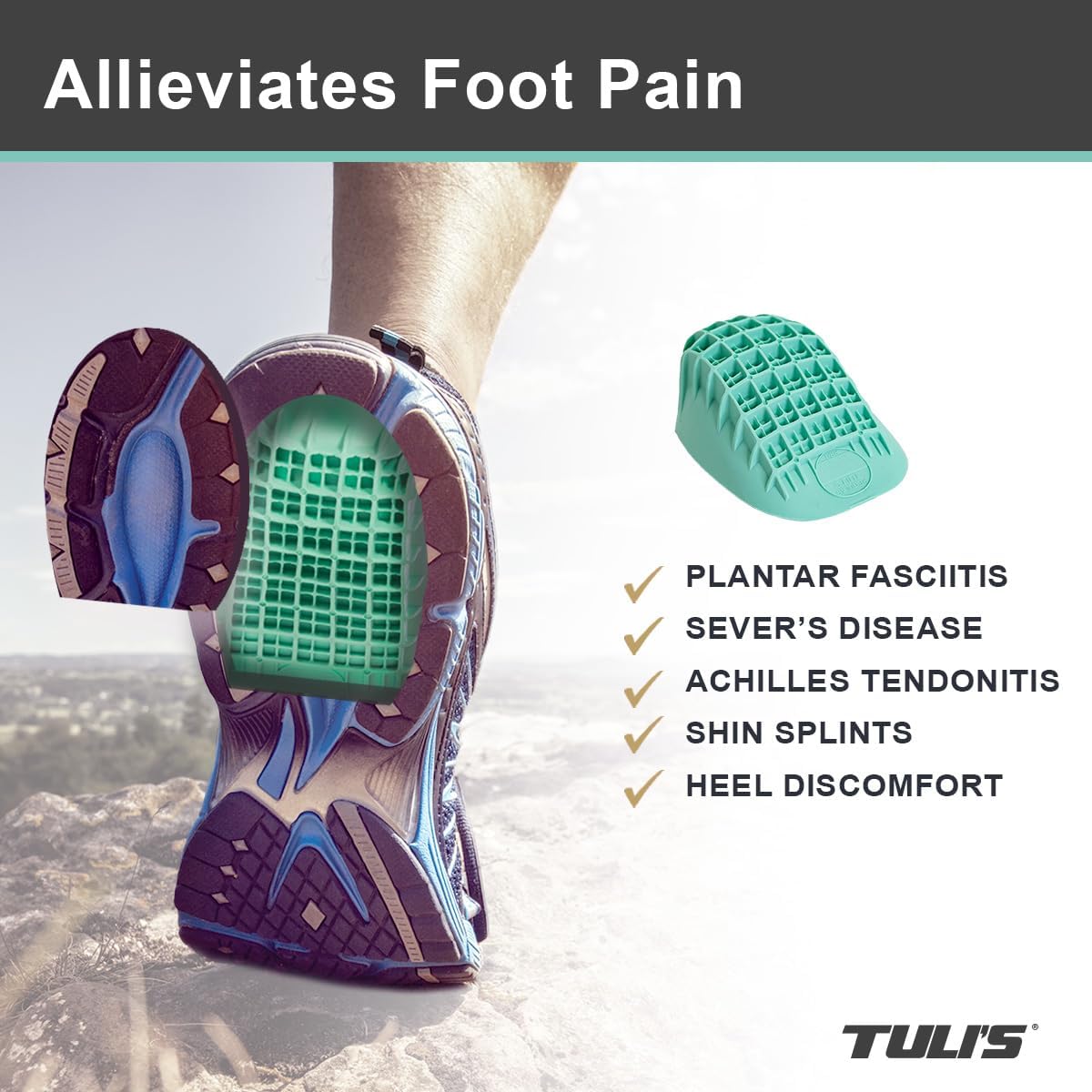 TULI's Heel Cups - Heavy Duty Green, Shock Absorbing Heel Cups for Heel Pain Relief, Heel Spurs, and Foot Supportups