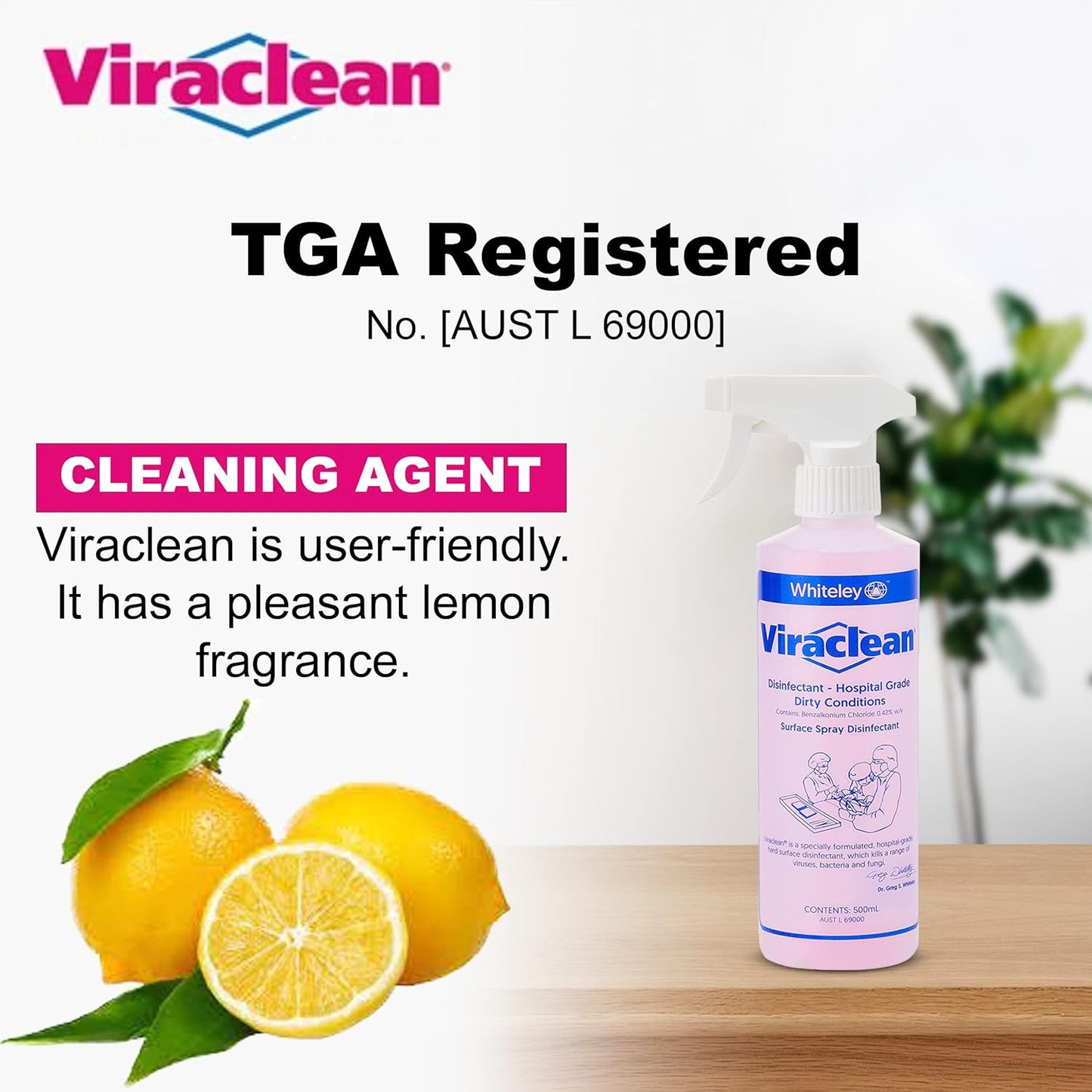 Viraclean Hospital Grade Disinfectant – Surface Cleaner, Non-Flammable, pH Neutral, Lemon Fragrance