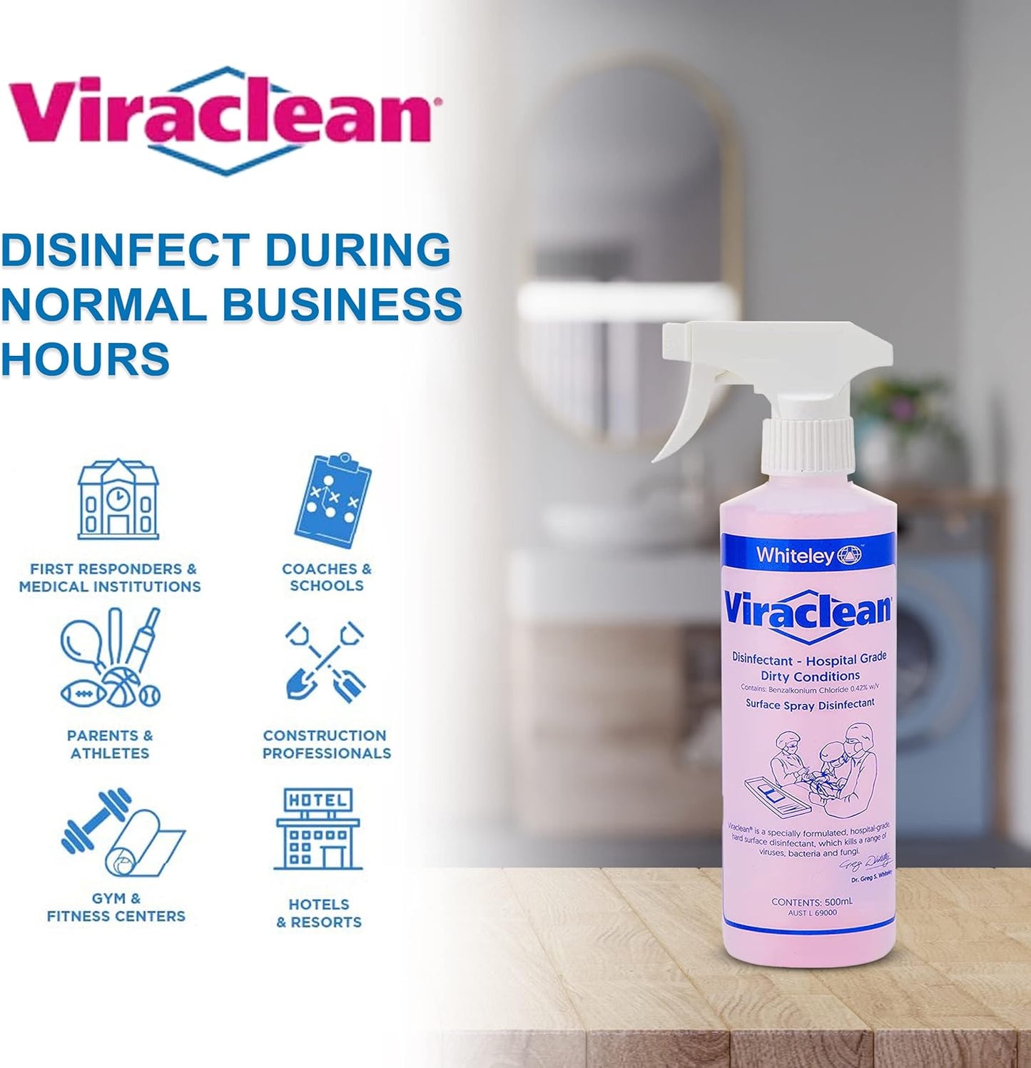 Viraclean Hospital Grade Disinfectant – Surface Cleaner, Non-Flammable, pH Neutral, Lemon Fragrance