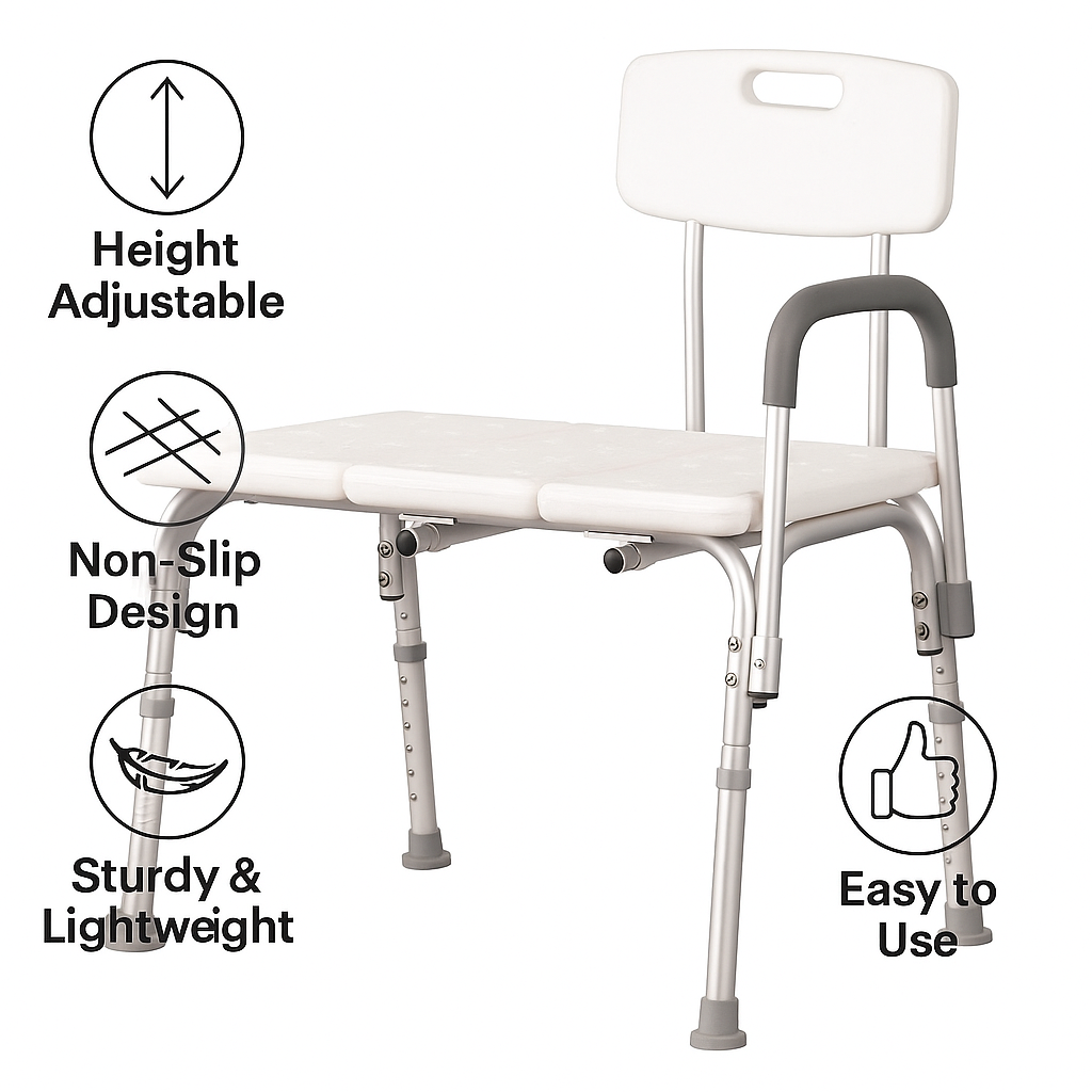 Adjustable Height Bath Transfer Bench 136kg Capacity – Non-Slip Shower Chair for Elderly & Disabled