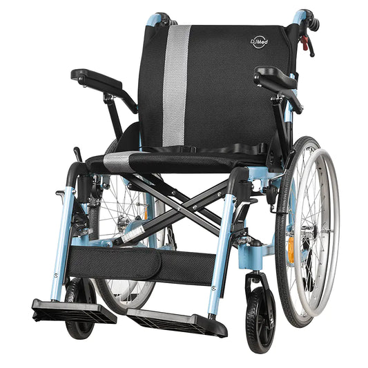 Lightweight Self-Propelled Wheelchair - Light Blue, TGA Certified, Aluminium Frame, Puncture-Proof Wheels