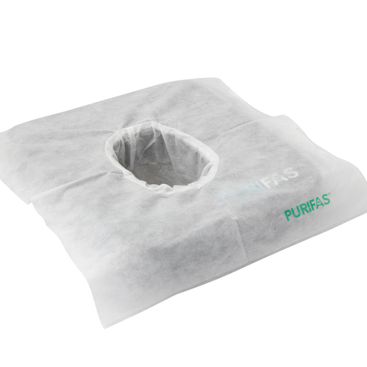 Purifas FaceShield – Box of 100 Disposable Face Cradle Covers, 100% Face Hole Coverage, Soft & Recyclable, Ideal for Massage & Therapy Beds