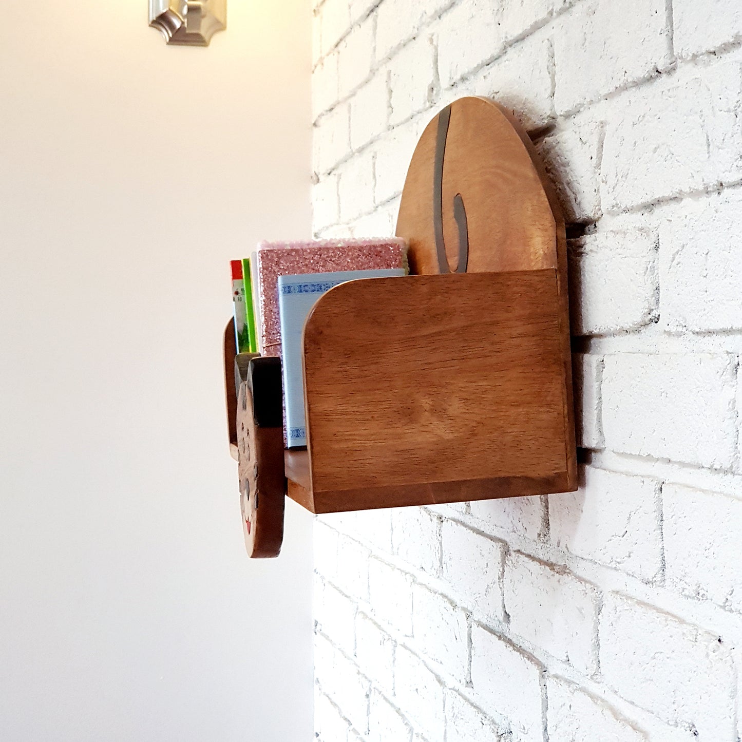 Hand-carved cat wall-mounted bookshelf in solid Raintree wood