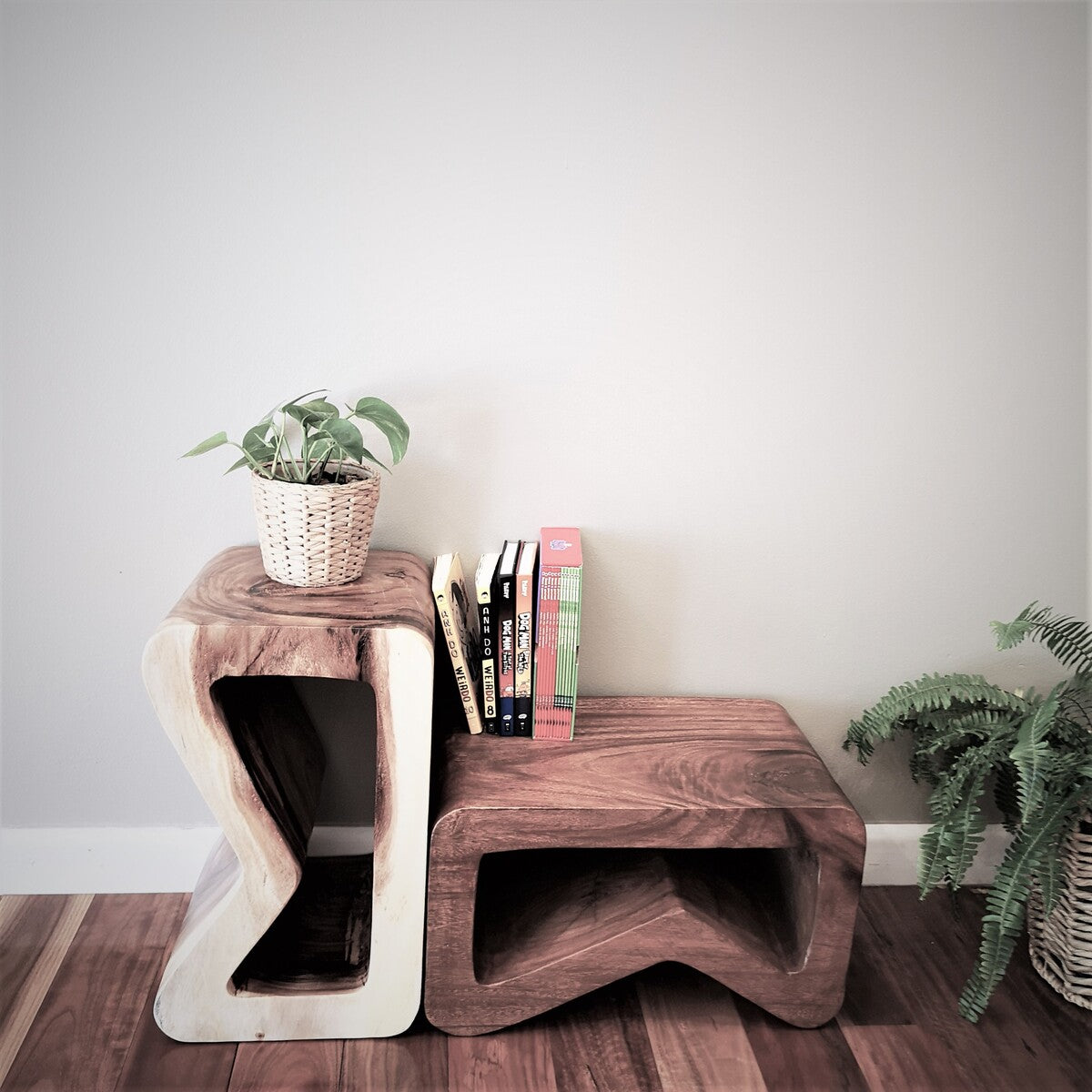 B-shape solid Raintree wood side table and plant stand with natural finish