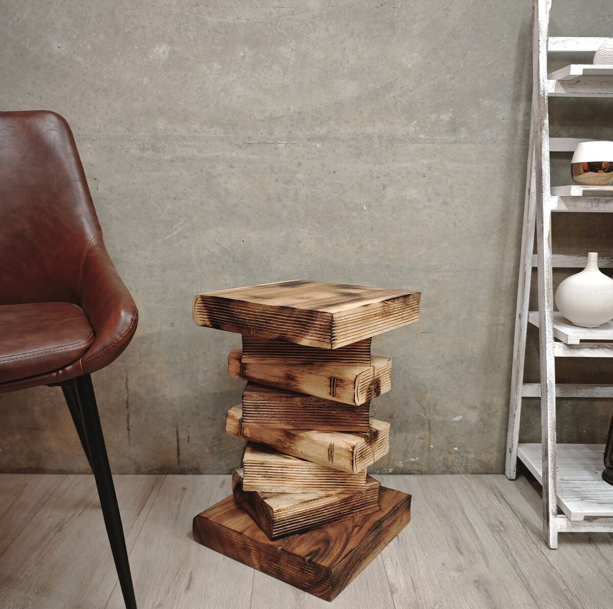Book stack solid Raintree wood bedside table with clear finish