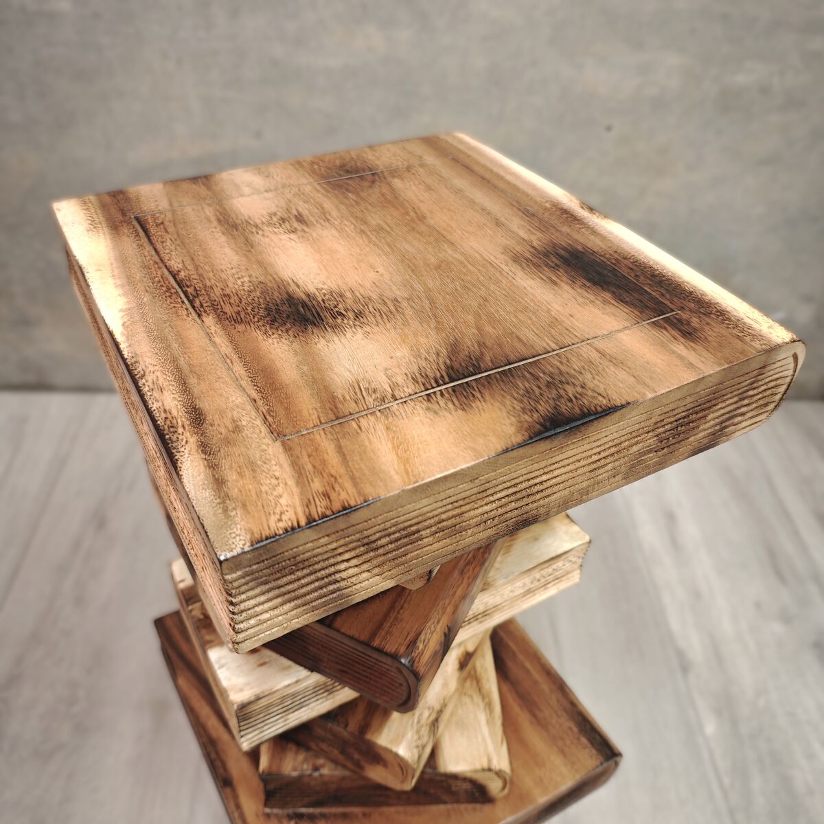 Book stack solid Raintree wood bedside table with clear finish