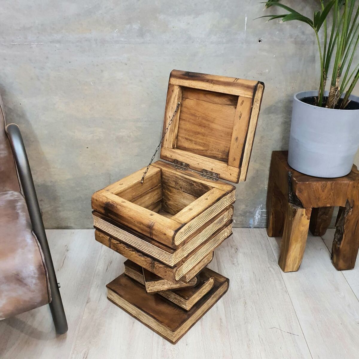 Artisan Timber Book Stack Side Table with Storage | Hardwood Bedside Table Natural Burned
