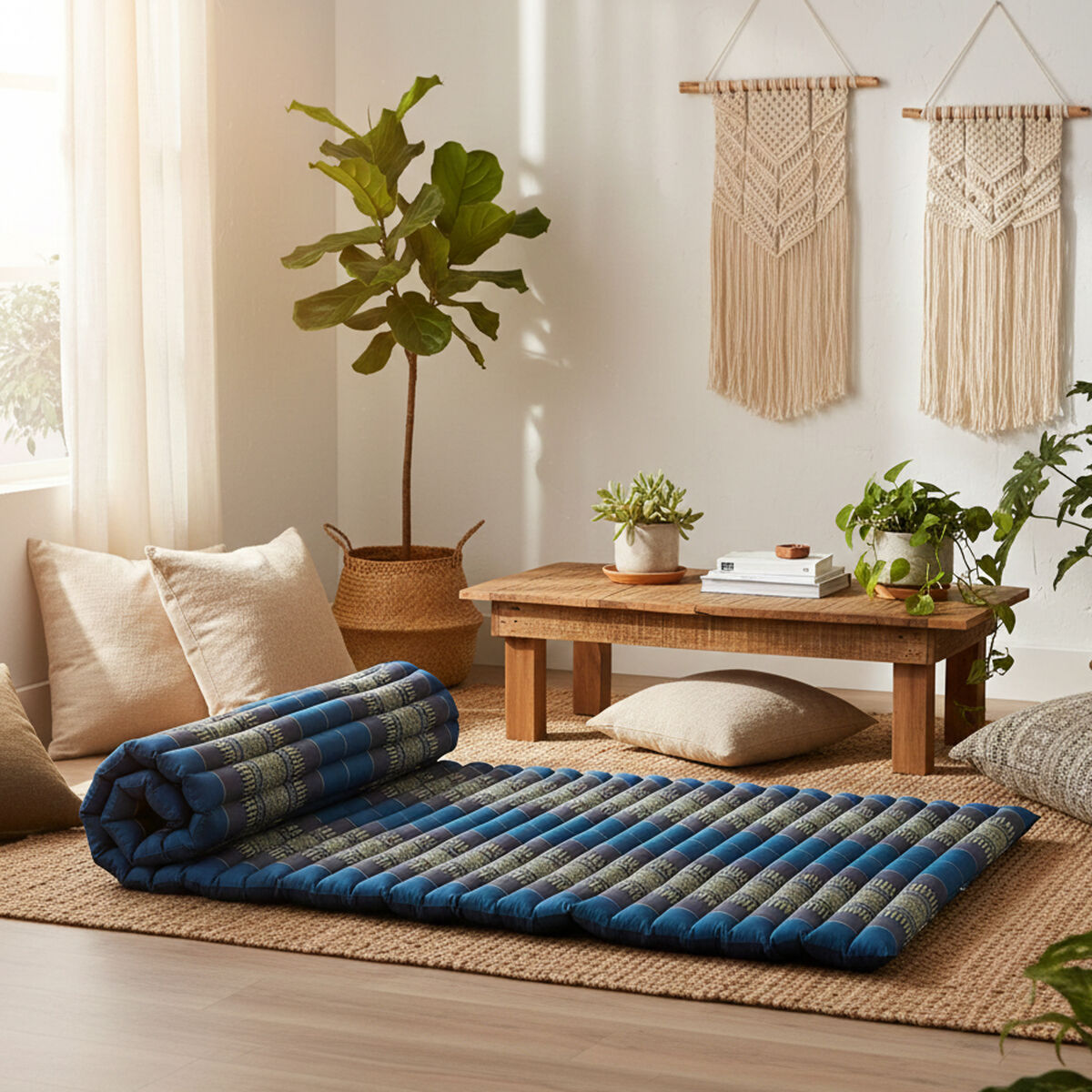Blue single roll-up kapok mattress measuring approximately 188 x 92cm