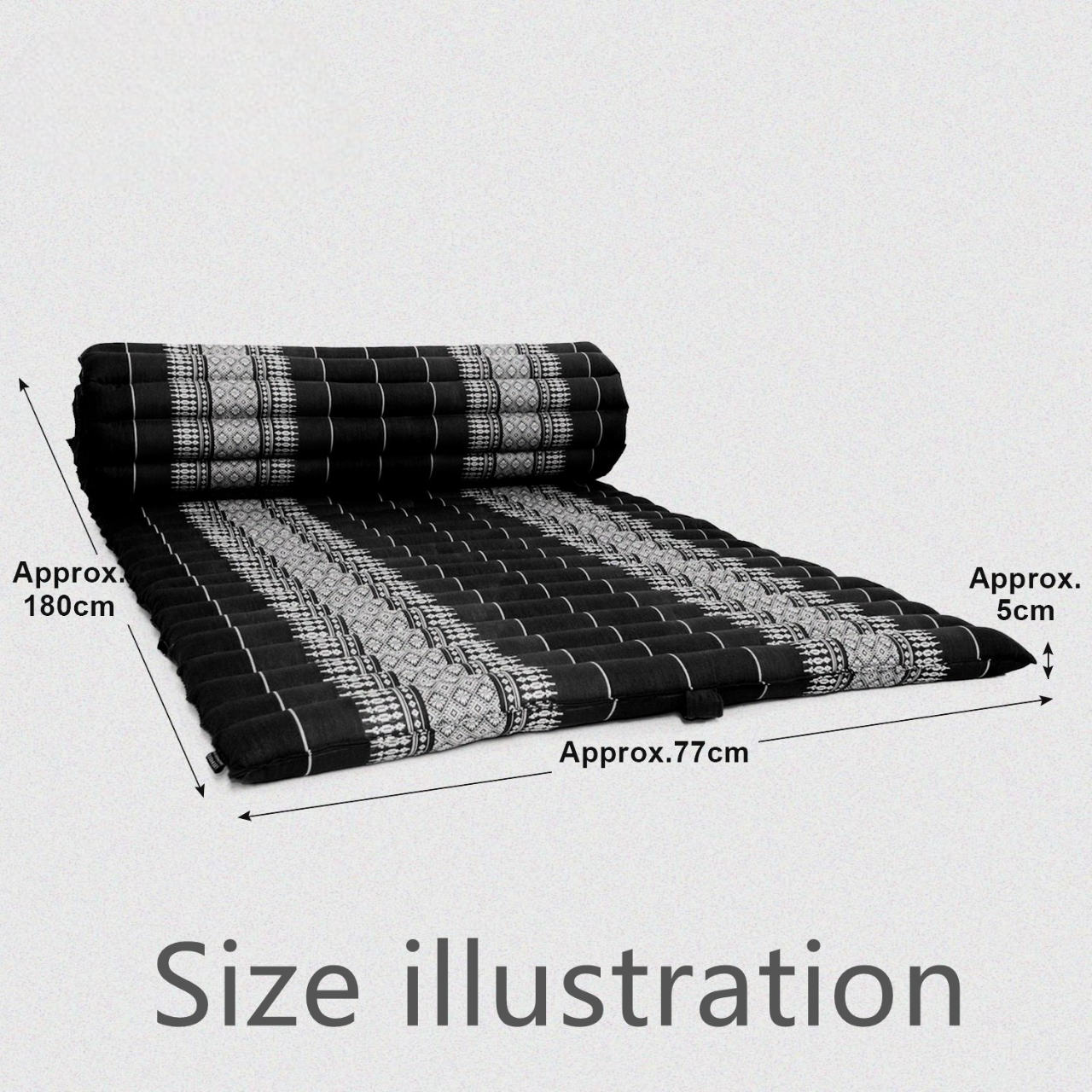 Black and gray woven mat with dimensions on a white background