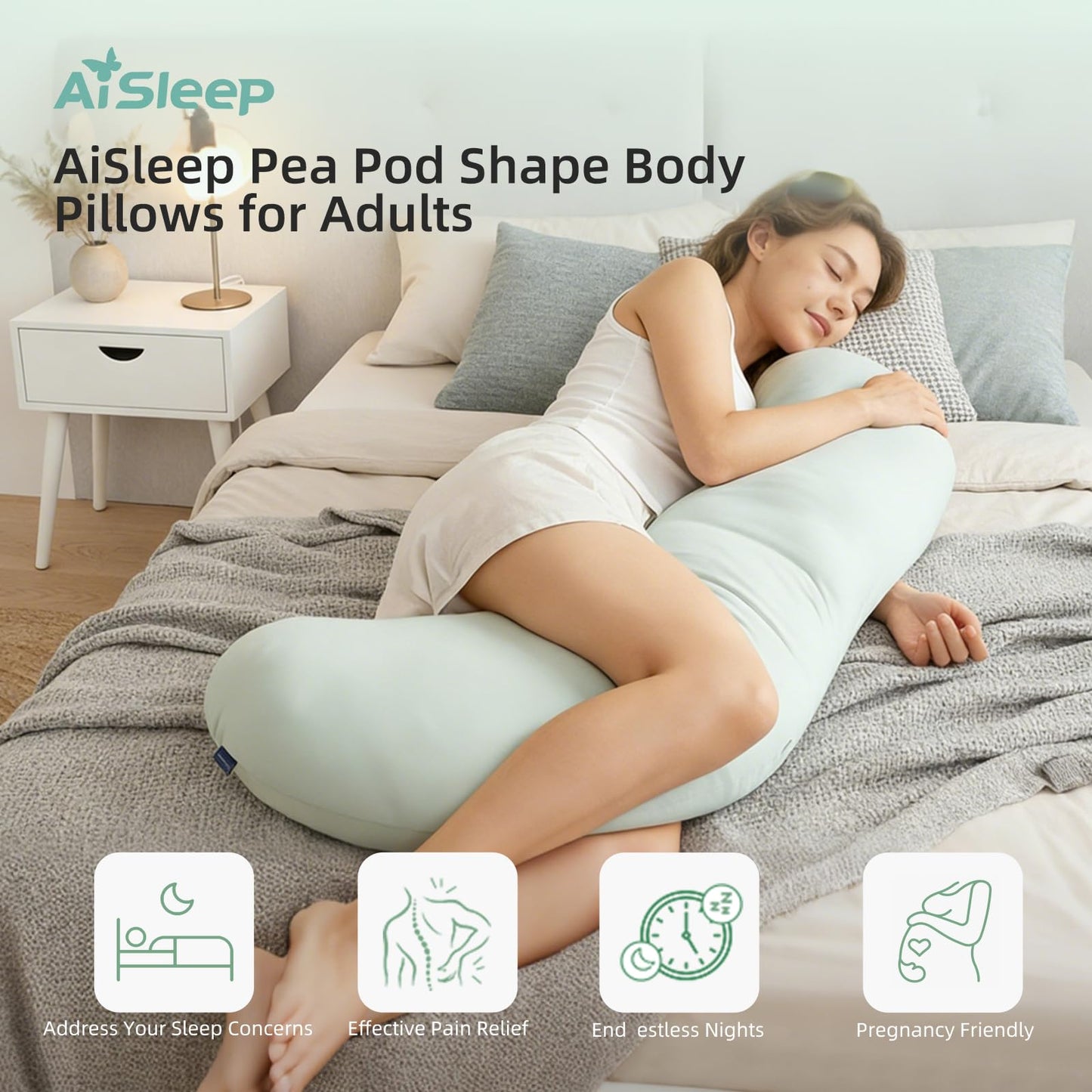 Pea Pod Body Pillow for Adults Full Body Support Side Sleeper Pregnancy Pillow Light Blue