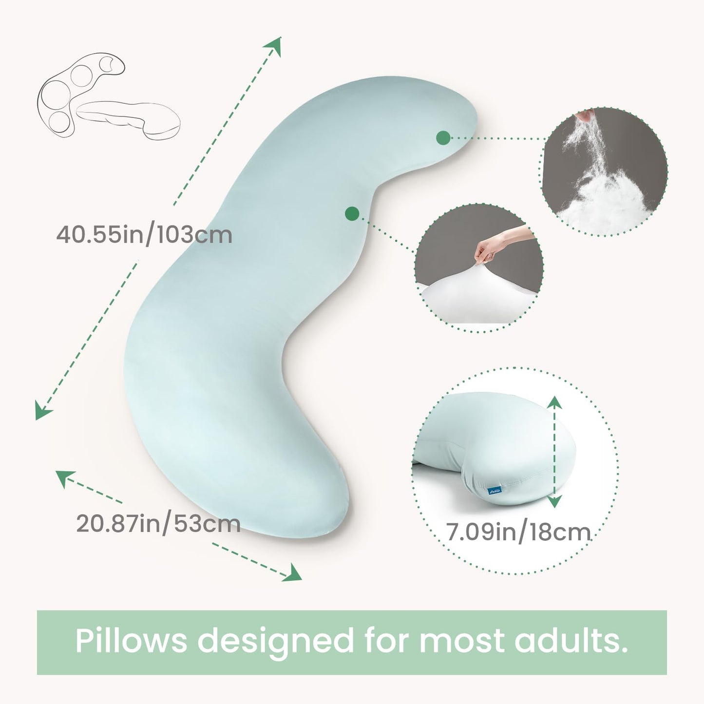 Pea Pod Body Pillow for Adults Full Body Support Side Sleeper Pregnancy Pillow Light Blue