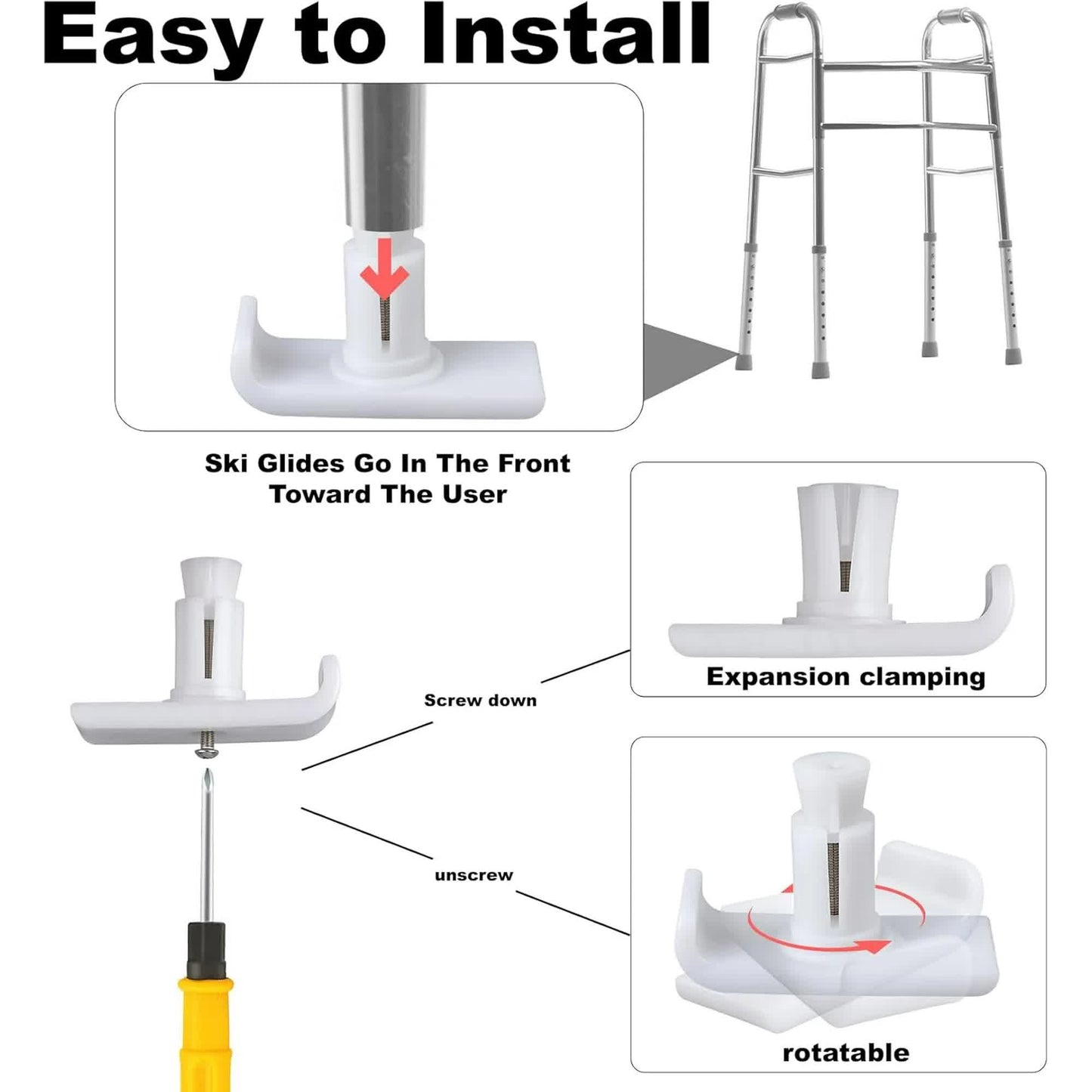 Universal Walker Ski Glides 4-Pack White - Mobility Safety Accessory for Seniors