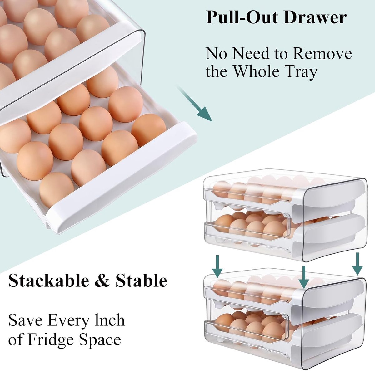 Stackable Egg Storage Box 40-Egg Capacity - Double-Layer Transparent Plastic White